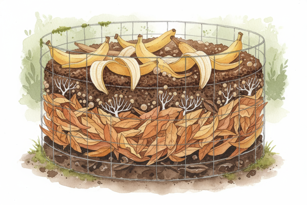 ~~Composting is controlled rotting.~~ You pile up food scraps and yard waste — banana peels, coffee grounds, dead leaves