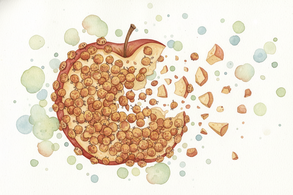 The bacteria work like an **invisible demolition crew**. They break apart the apple's cells, ~~snapping the chemical bon