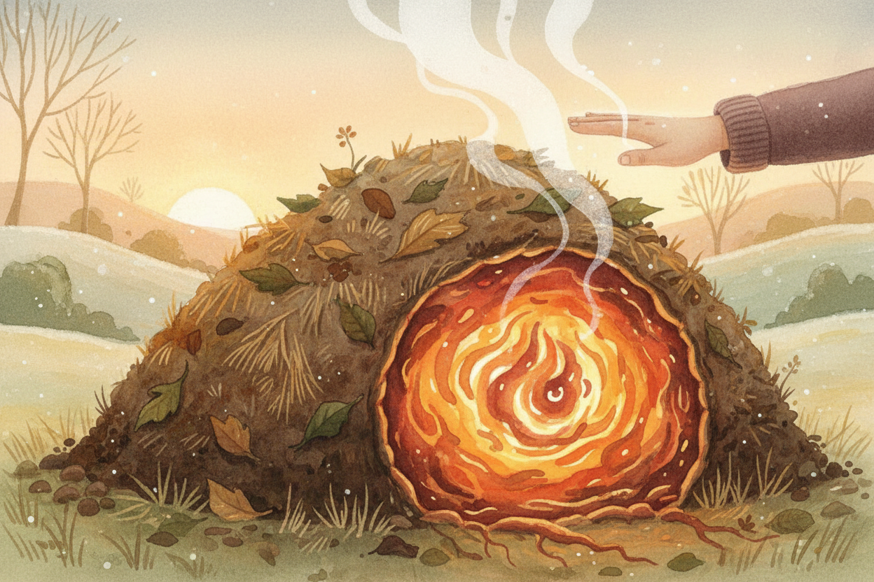 As the bacteria eat, they generate heat. A hot compost pile can reach **160 degrees Fahrenheit** inside — hot enough tha