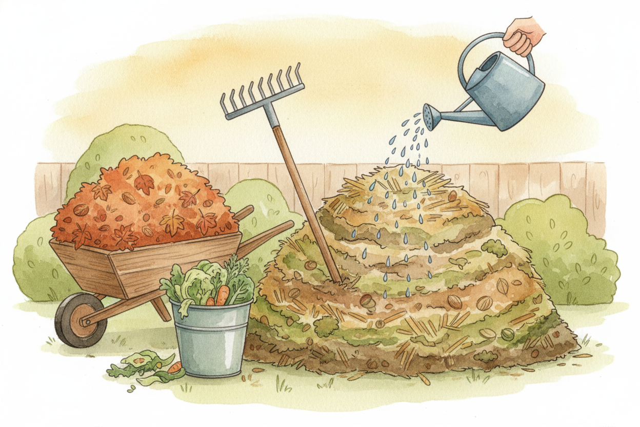 For the process to work, the bacteria need four things: carbon (from dry brown stuff like dead leaves), nitrogen (from w