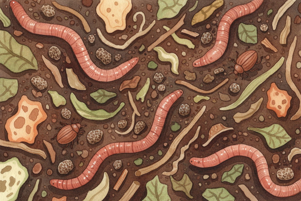 Worms, beetles, and other small creatures join in too. They chew up partially-rotted chunks, mixing the pile as they tun