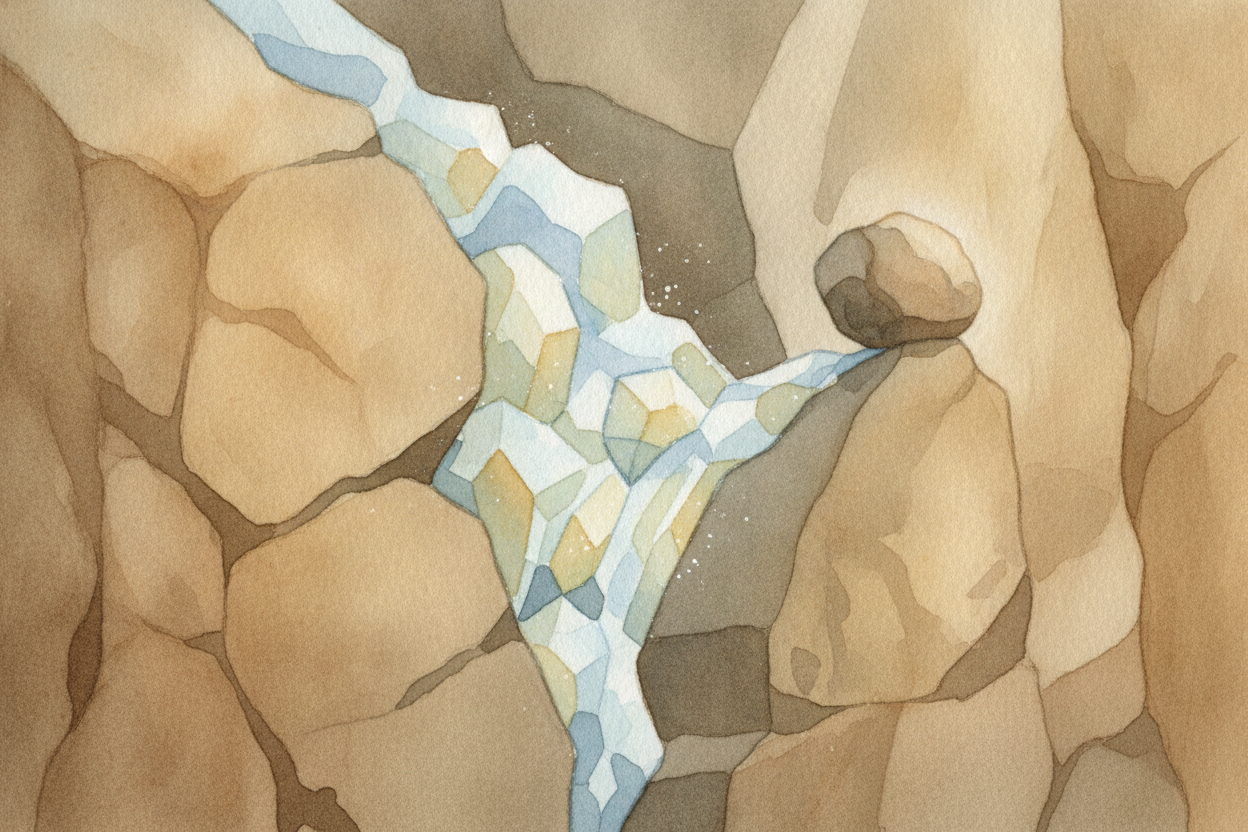 But water has a **sneaky trick**, too. It seeps into tiny cracks in rock, and when it freezes, it swells — ice takes up 