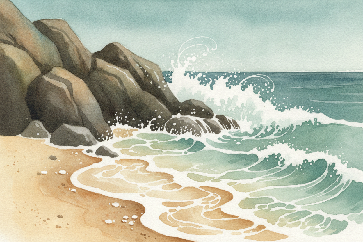 Down at the coast, the ocean joins in. Waves crash against the shore again and again, hour after hour, ~~never getting t