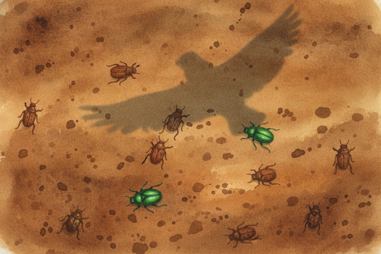 Now picture a meadow full of beetles, some green, some brown. ~~A hungry bird swoops down to lunch.~~ The green beetles 