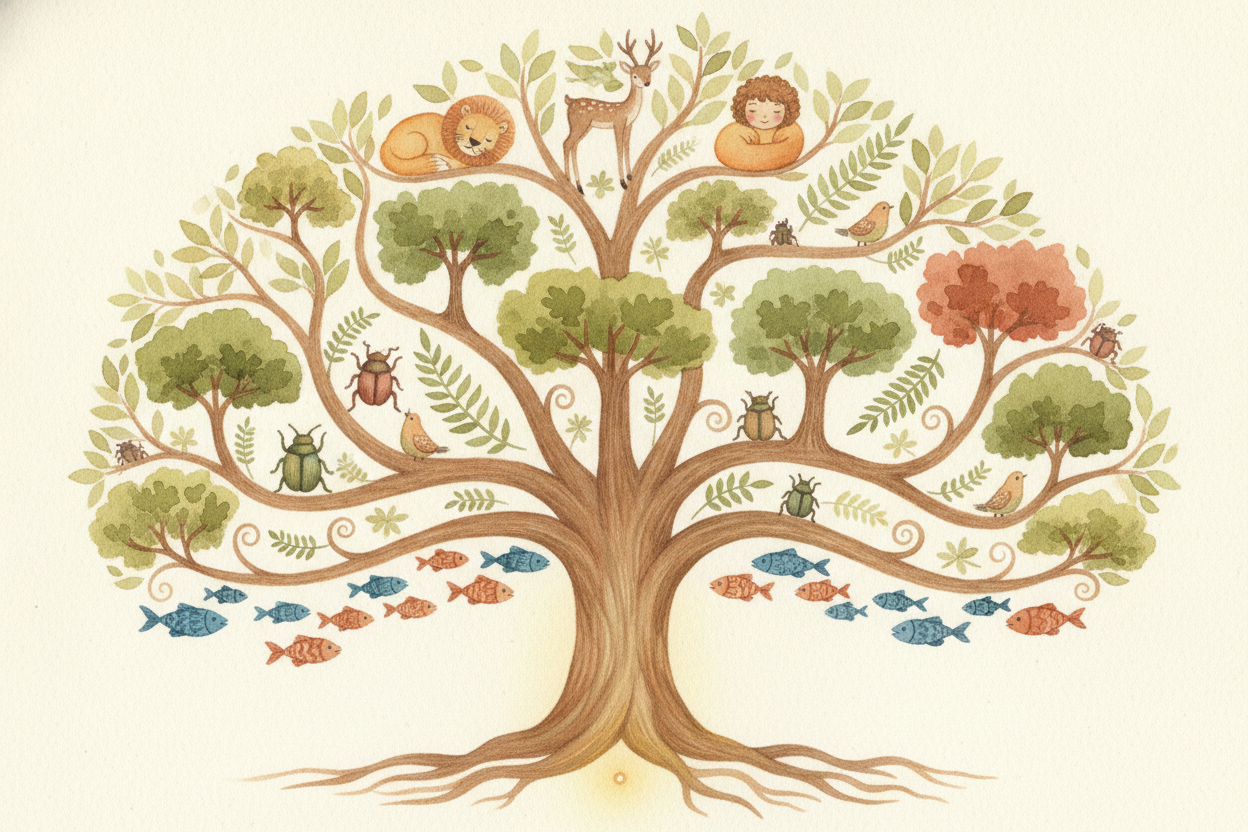 ~~Wind this story back far enough~~ and the branches all join up. Your family tree connects to the cat's, the oak tree's