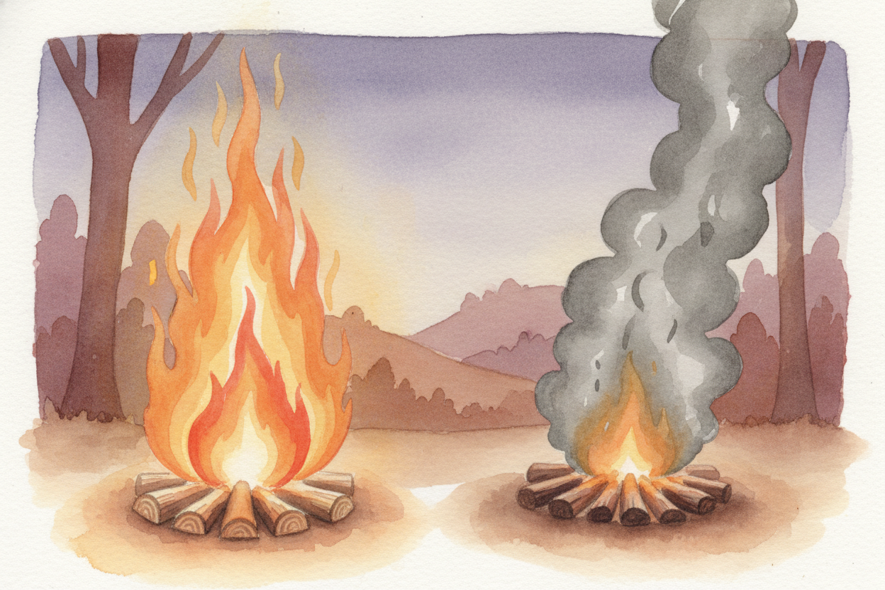 ~~And smoke?~~ That's **unburned fuel—bits of carbon that escaped** before they could fully react. *A clean, hot fire ma