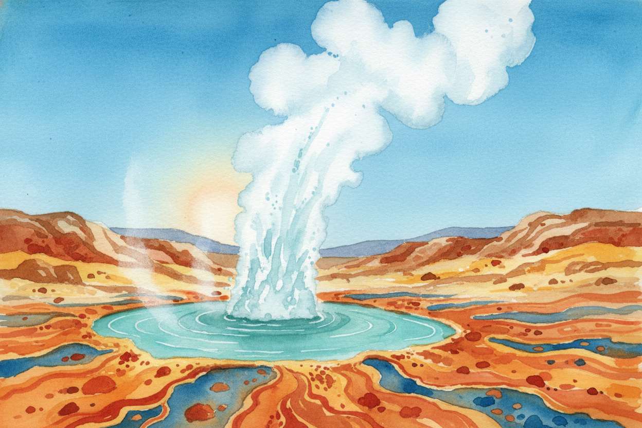 In places like ++Iceland++, ++New Zealand++, or ++Yellowstone++, you can see the heat at work. Hot water and steam burst