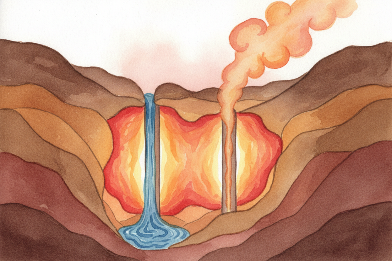 Humans figured out how to catch that heat. We drill deep wells down into the hot rock — **sometimes a mile or two down**