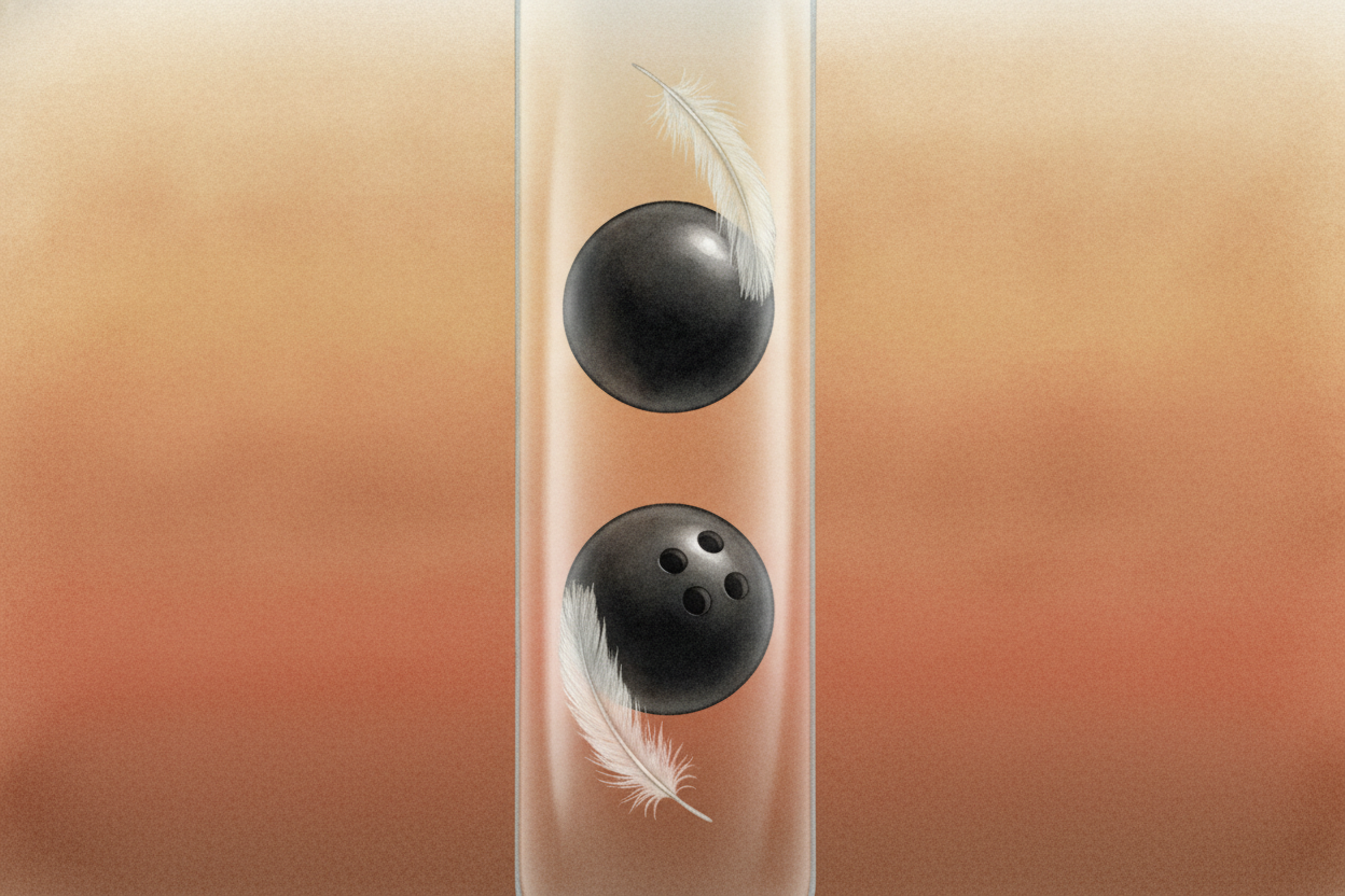 ~~Now for the strangest part~~, the part that fooled people for centuries. Drop a feather and a bowling ball together, a