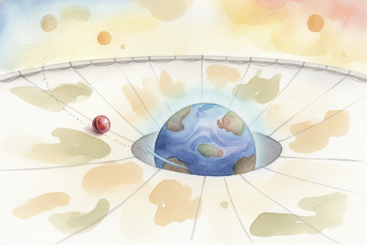 Anything that comes near rolls down into that dip — not because something is grabbing it, but because the path itself be