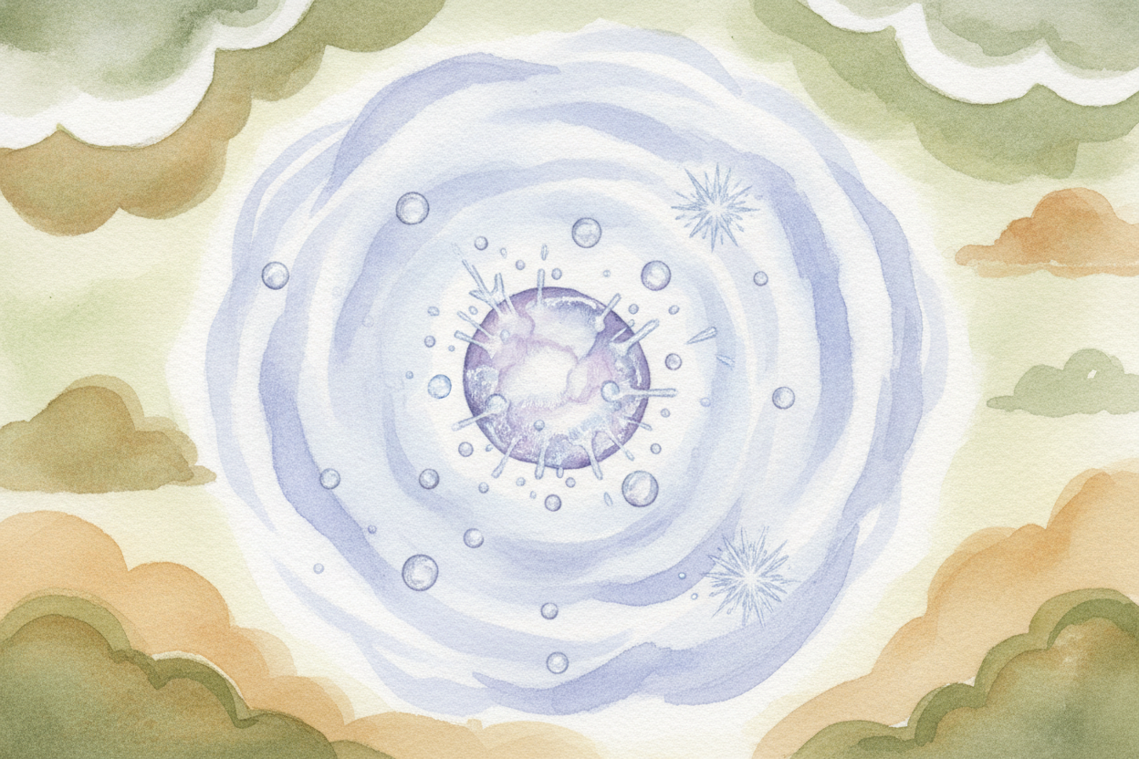 Now the little ice pellet starts to fall — ~~but the updraft catches it and hurls it back up again~~. On the way, it bum