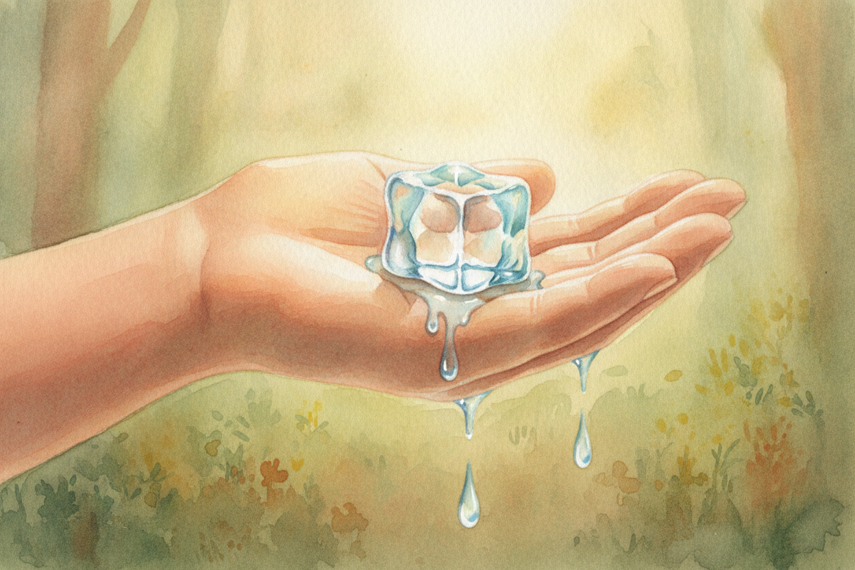 ~~Picture an ice cube melting in your warm hand.~~ It looks calm — just water pooling in your palm. But zoom in close, w