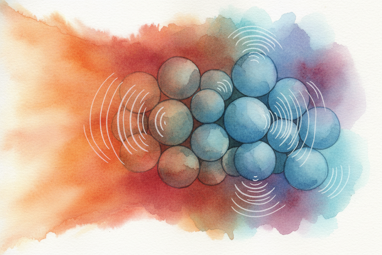 ~~Now we add heat.~~ Heat is really just energy, and **energy makes the particles jiggle harder**. The warmer it gets, t