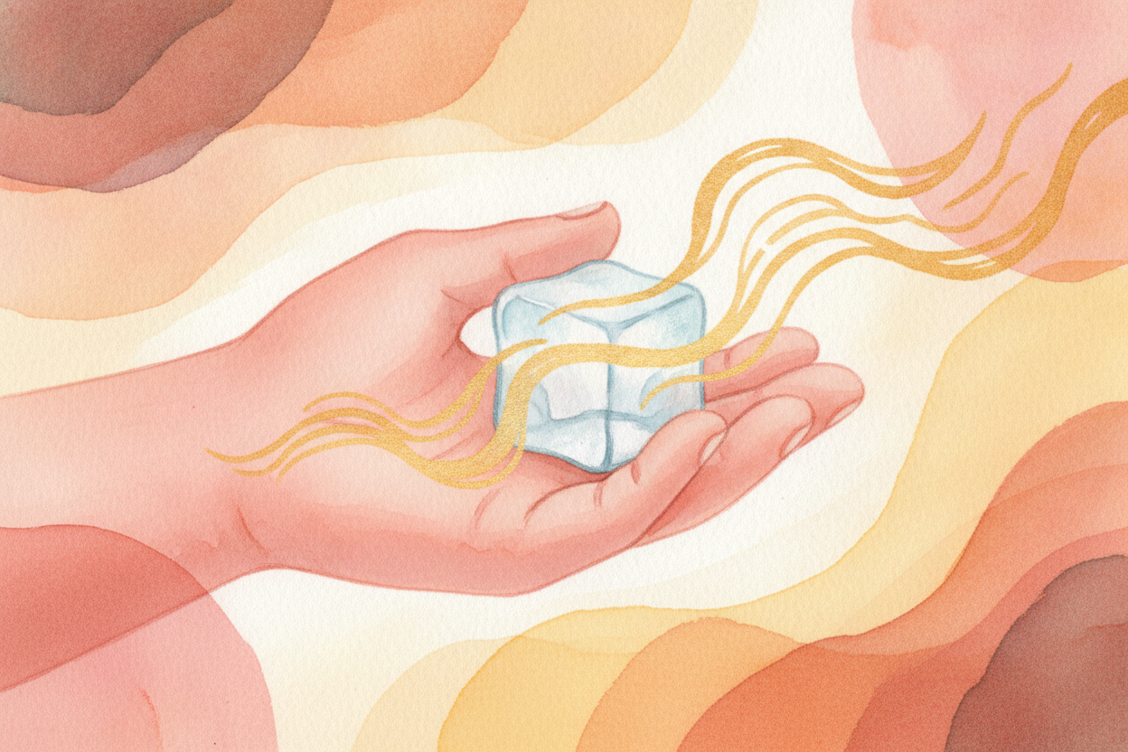 Your hand is a **furnace of fast molecules**, kept *toasty at about body temperature*. The ice cube is a crowd of slow, 