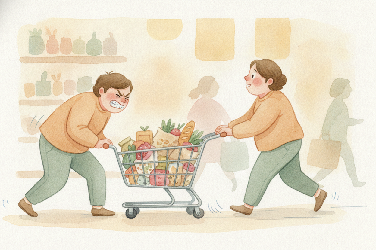 그래서 첫 번째로 밀 때가 **늘 가장 어려워요**. 카트는 _‘가만히 있기’_에 멈춰 있고, 그곳을 떠나고 싶어 하지 않아요. 카트를 움직이게 하려면 그 관성보다 더 세게 밀어야 해요. ~~하지만 일단~~ 굴러가기