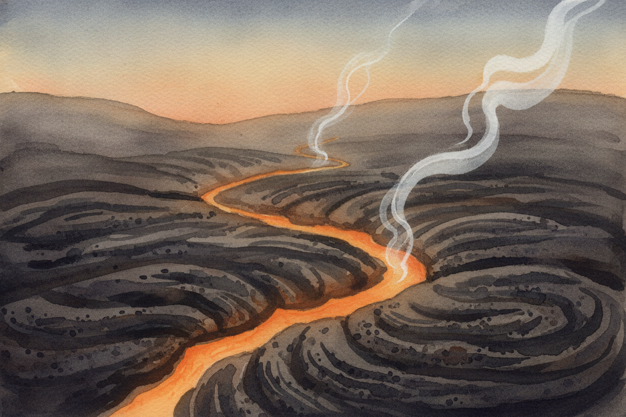 ~~Then the show ends, gently.~~ Out in the cool air, the lava slows, darkens, and hardens back into solid rock — sometim