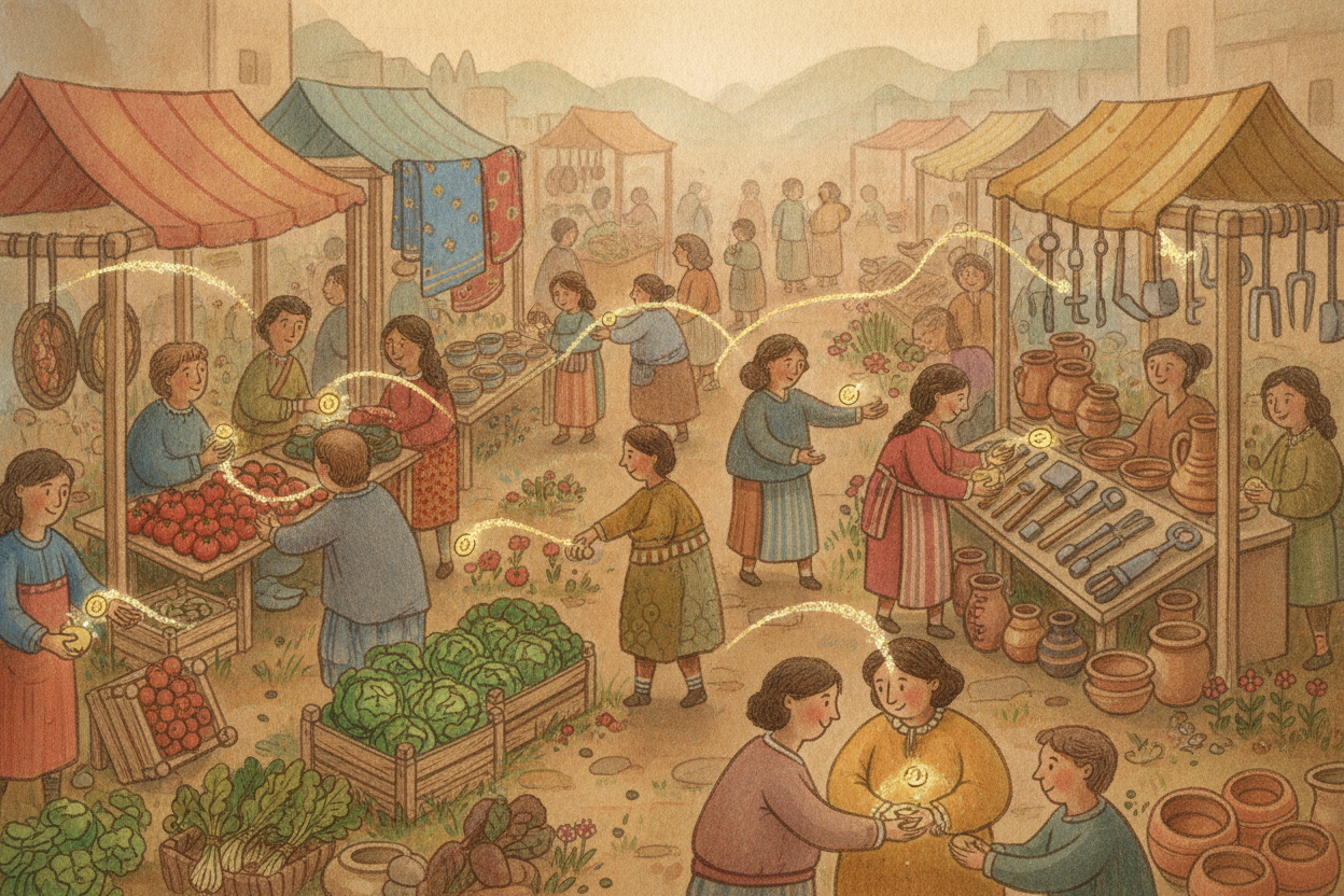 그러니 돈은 **사실 보물이 아니에요**. 돈은 *훌륭한 도구예요*. 낯선 사람들도 완벽한 맞교환을 기다릴 필요 없이 서로 도울 수 있게 해 주는, 모두가 통하는 ++"원하는 것끼리 이어 주는"++ **번역기 같은 