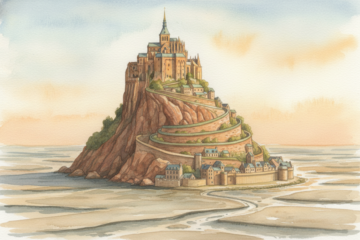 There's an island off the coast of France that looks like someone stacked a medieval village on top of a rock, crowned i