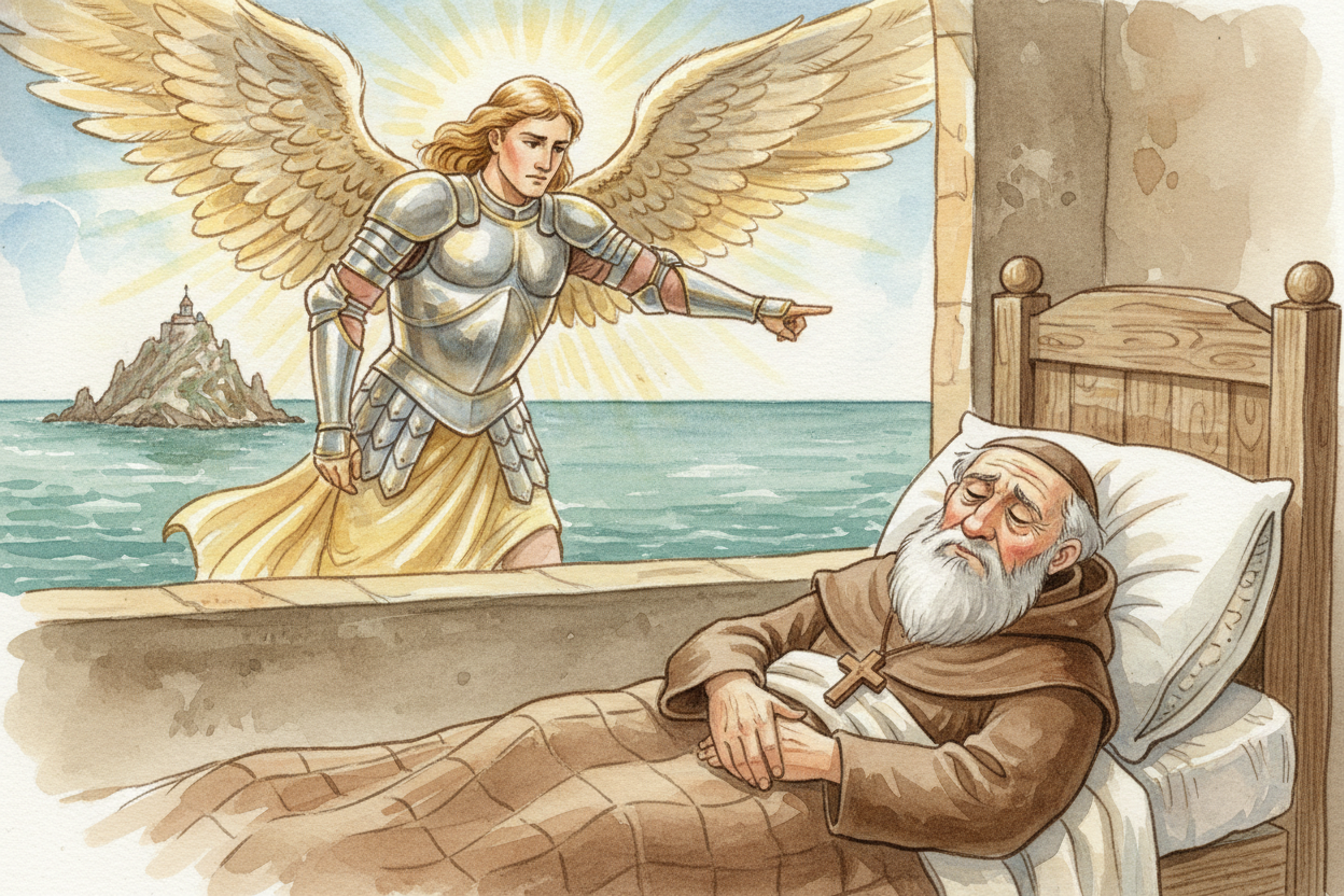 The story starts in the year 708, when a bishop named ++Aubert++ claimed the ++Archangel Michael++ appeared in his dream
