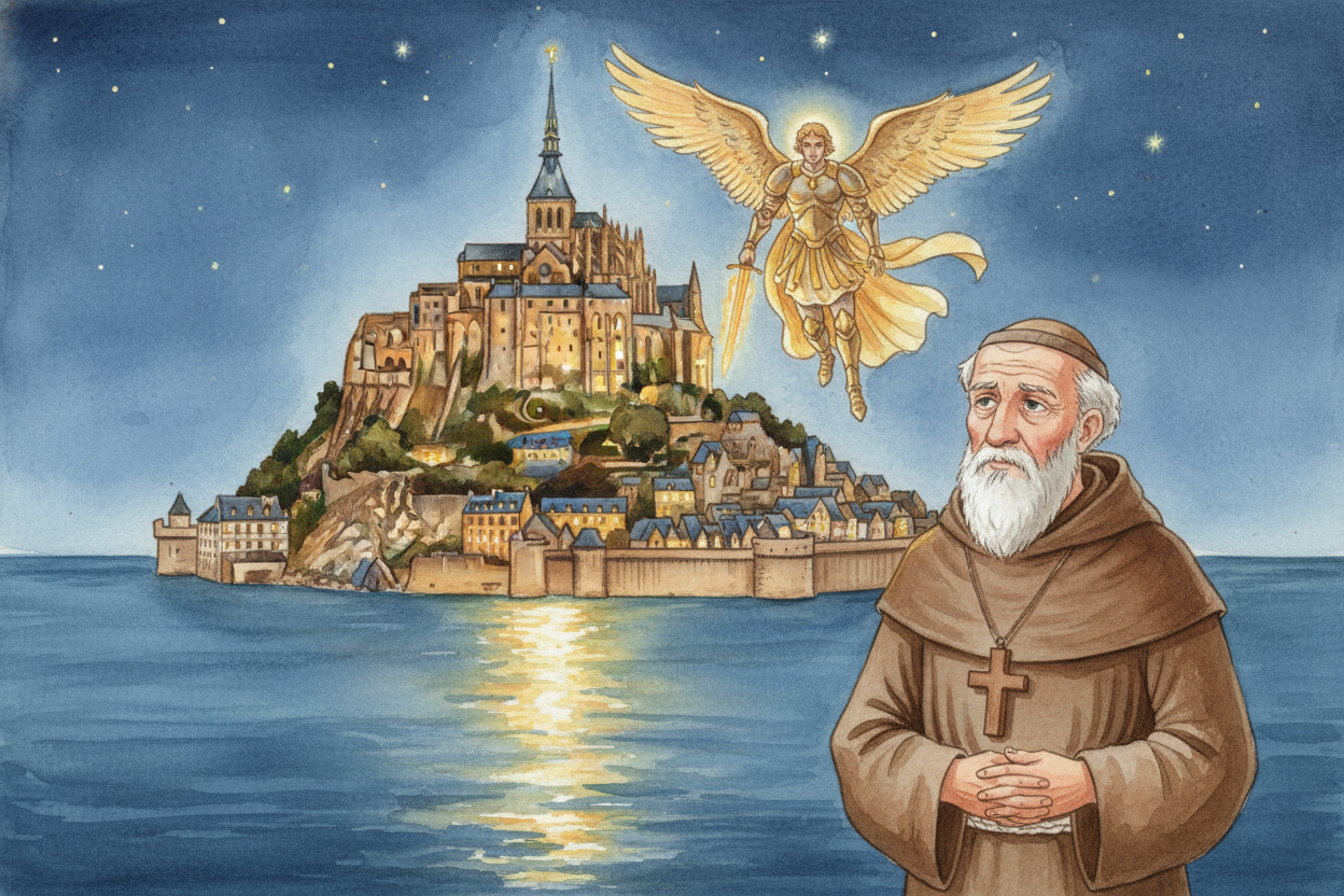 At night, when the day-trippers leave and the tide comes in, the abbey lights up like a ~~golden crown floating on the d