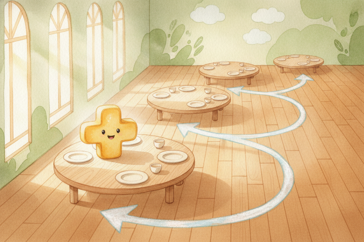 Now suppose there are five tables. You could whisper "4 plus 4 plus 4 plus 4 plus 4" and count it up — and you'd get the