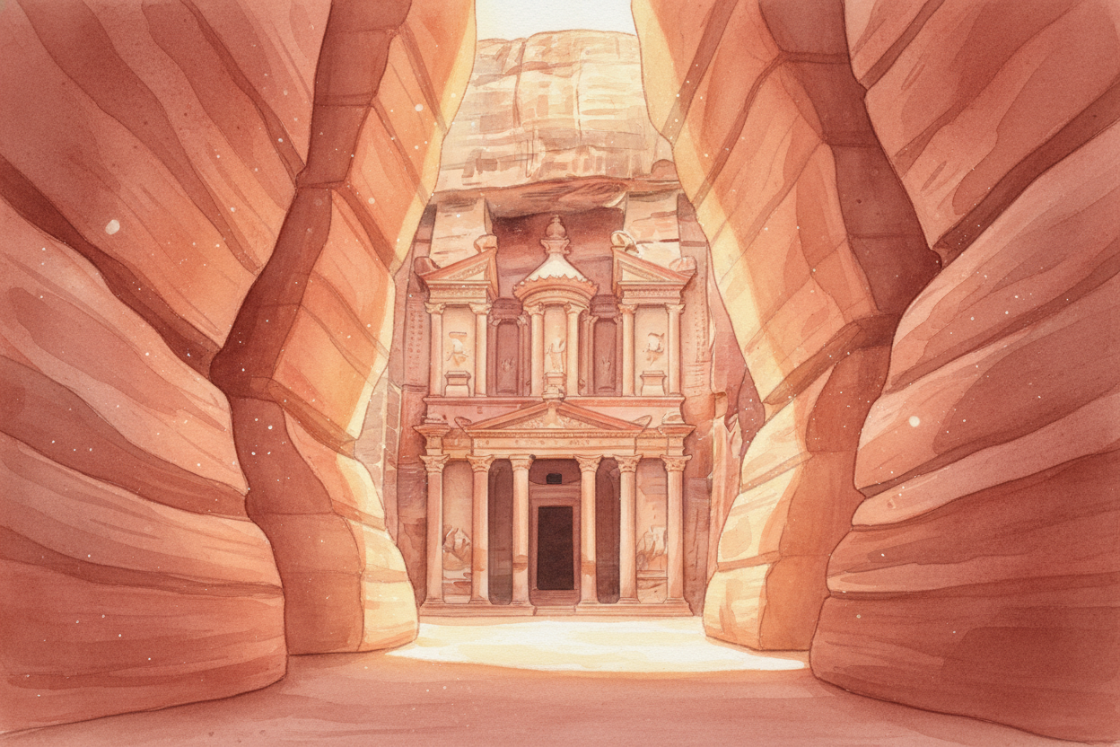 Deep in the desert of ++Jordan++, there's a city hidden inside cliffs — a real city, carved straight into rose-colored r