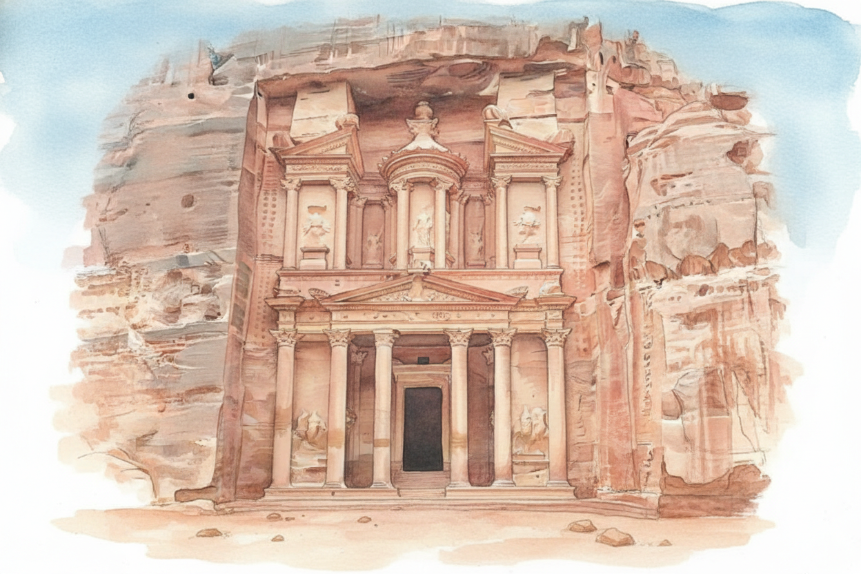 The most famous building is the Treasury — ++Al-Khazneh++ in Arabic — a tomb carved for a Nabataean king. Columns, friez