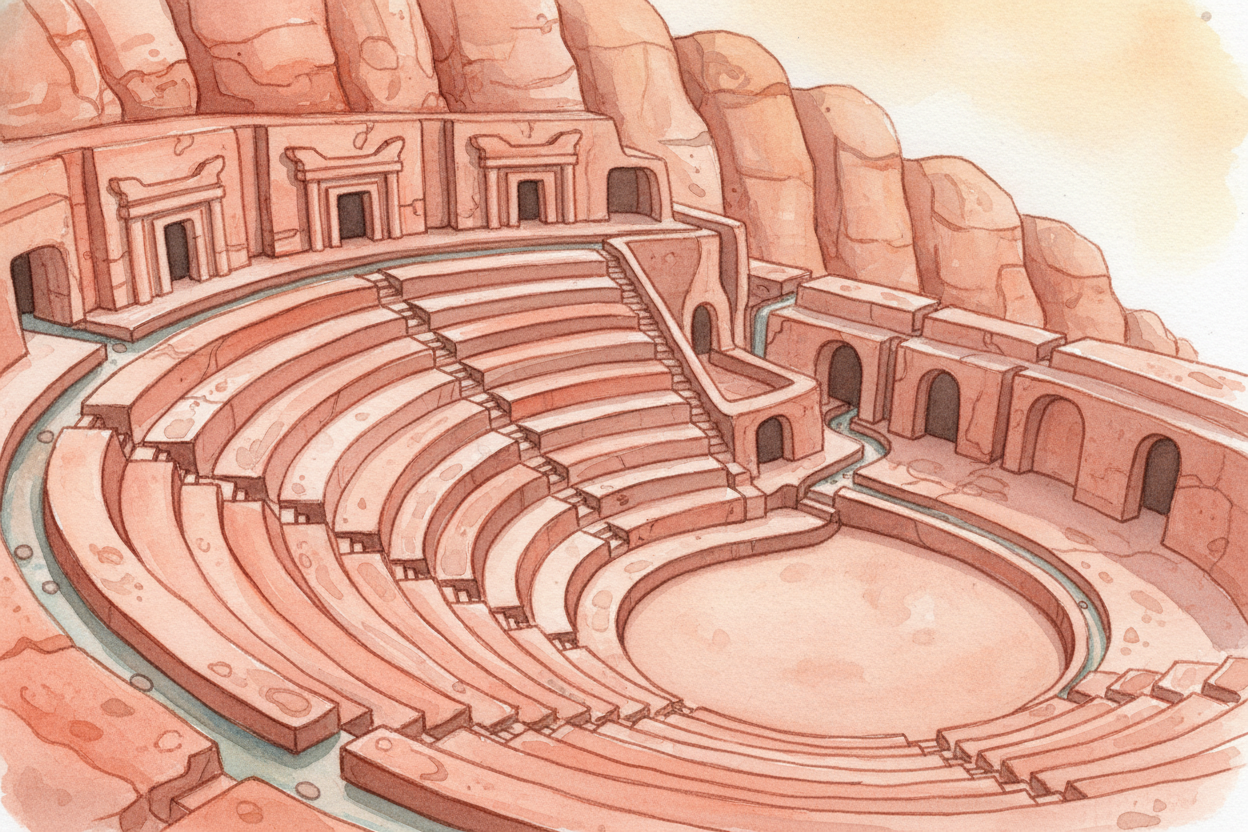 But ++Petra++ wasn't just fancy tombs. The ++Nabataeans++ carved **over 600 buildings** — houses, markets, a **4,000-sea