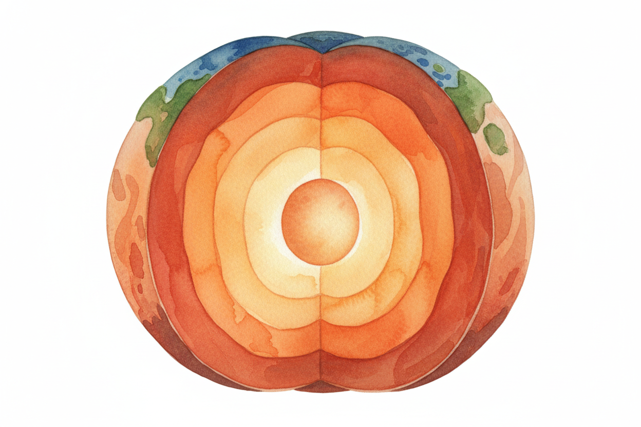 But Earth isn't solid like a rock all the way through. Slice it open and it's **layered like a peach**. There's a *thin 