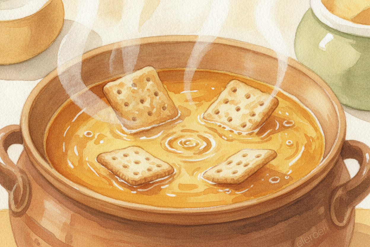 The plates ride on top of that slow churn, **like crackers drifting on a pot of warm soup**. The soup pushes; the cracke