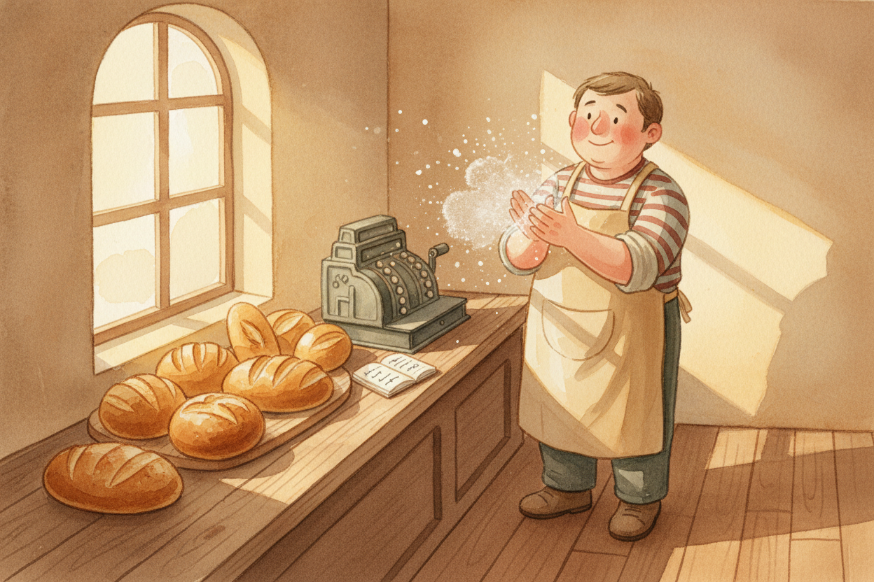 Every business, **big or small**, works the same way. A bakery *buys flour and pays the baker*, then *sells bread for mo