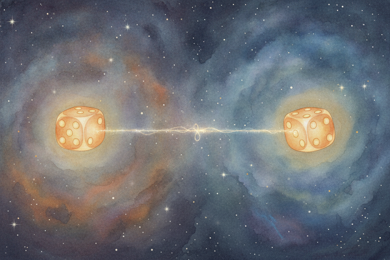 Now ~~the spookiest trick of all~~. Two particles can be linked so their fates match no matter how far apart they drift 