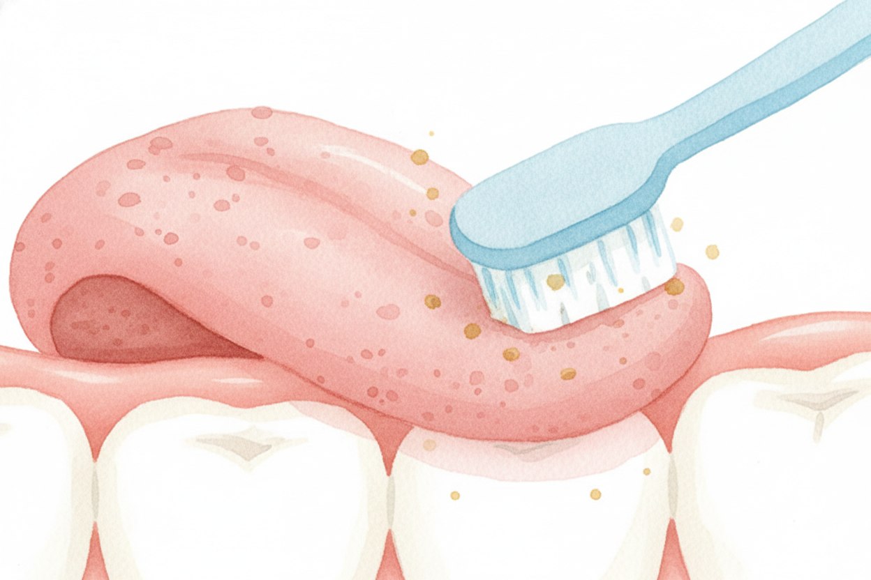 Meanwhile, you're also brushing your tongue and gums. Your tongue is covered in *tiny bumps that trap bacteria* and food