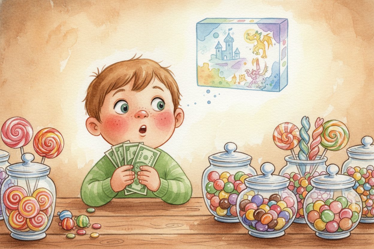 You get **five dollars**. You could spend it all right now on candy. ~~But what if~~, next week, there's something even 