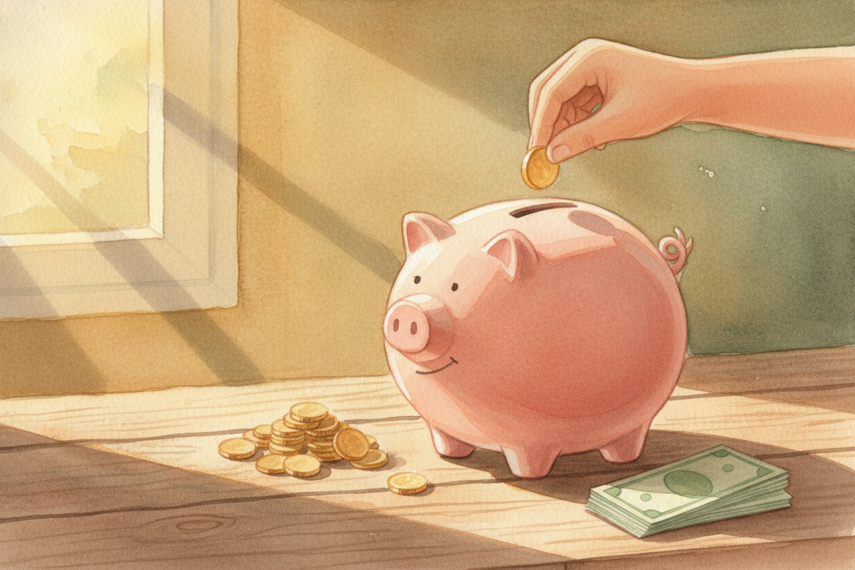 Saving means **keeping some of your money** instead of spending it all today. You put it *somewhere safe* — _a piggy ban