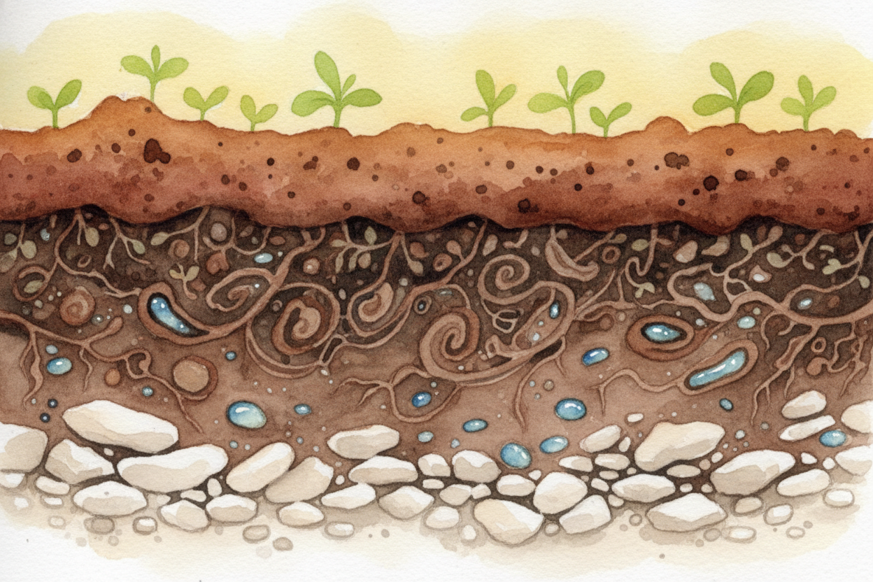 So when you see brown dirt, you're actually looking at a recipe: **pulverized ancient rocks + recycled life + air pocket