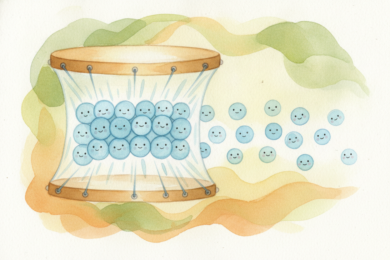 ~~Now watch what the vibration does~~ to that invisible crowd. As the drum skin pushes outward, it **shoves the molecule