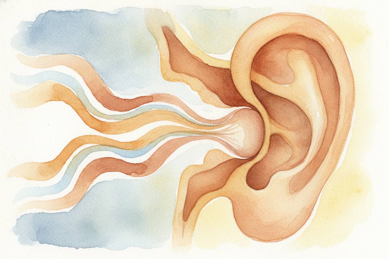 Finally the wave reaches you and bumps into a small stretched patch of skin deep inside your ear, called the ++eardrum++