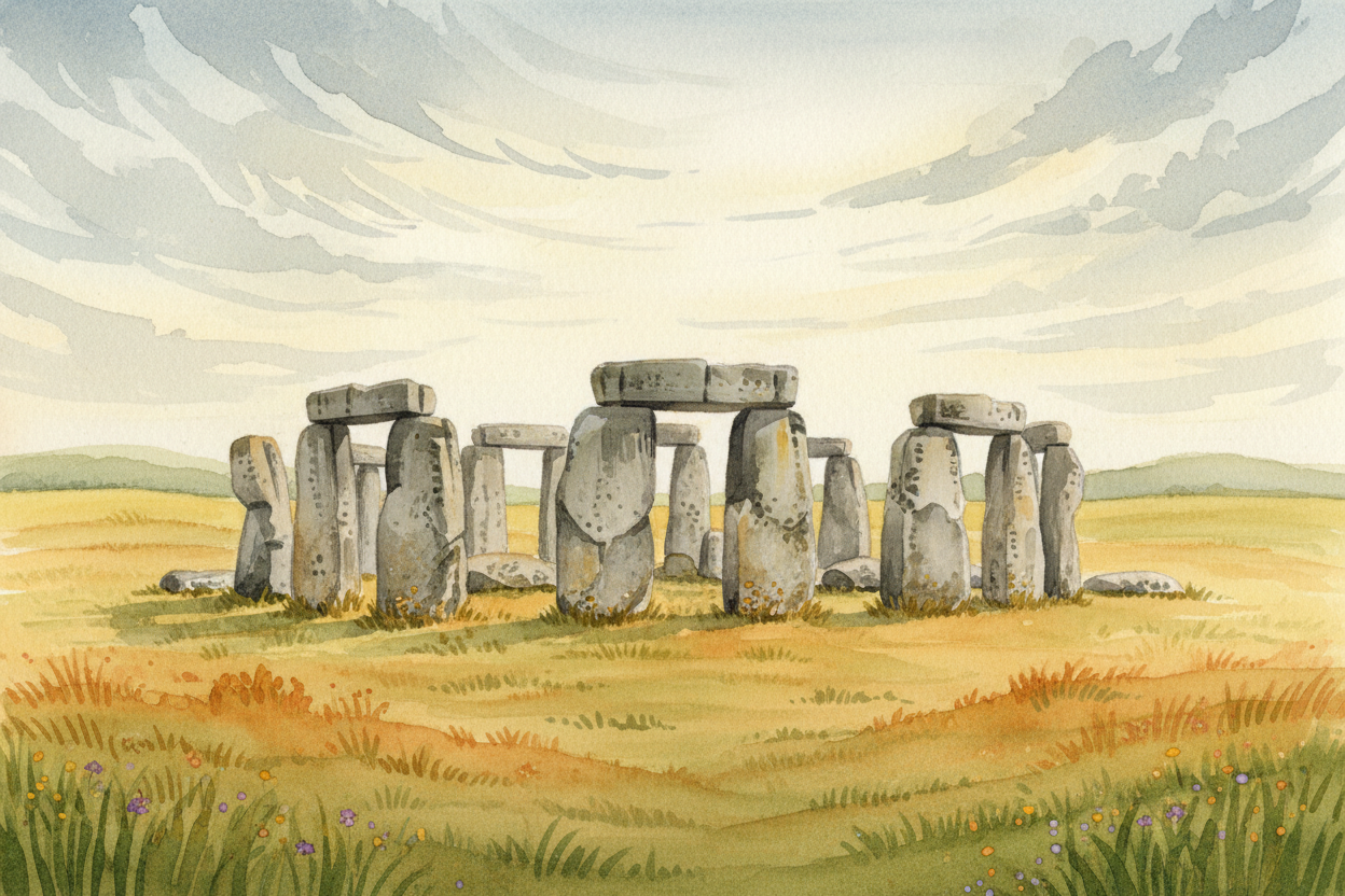 Out on a wide, grassy plain in southern ++England++, a circle of giant stones stands against the sky. Some stones weigh 