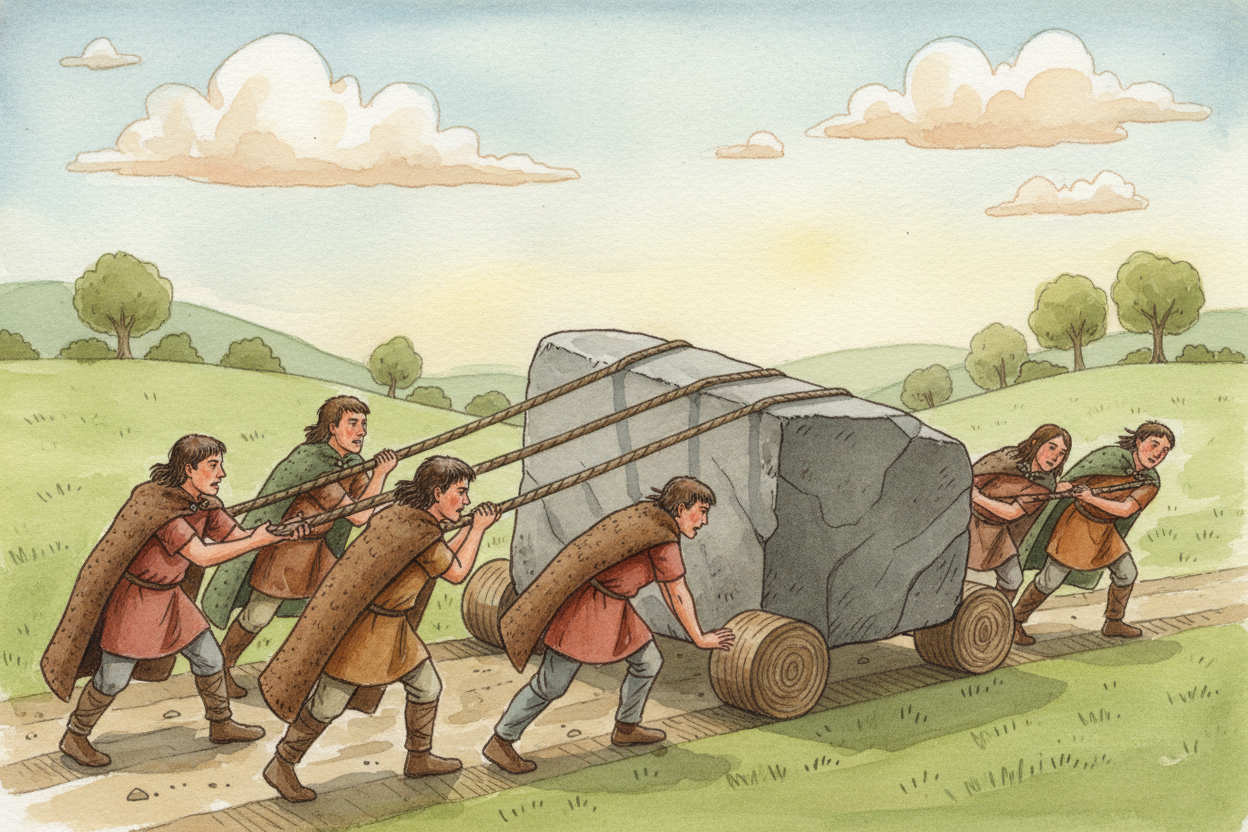 The stones aren't from around here. The biggest ones — called ++sarsens++ — came from about 15 miles away. Each one weig
