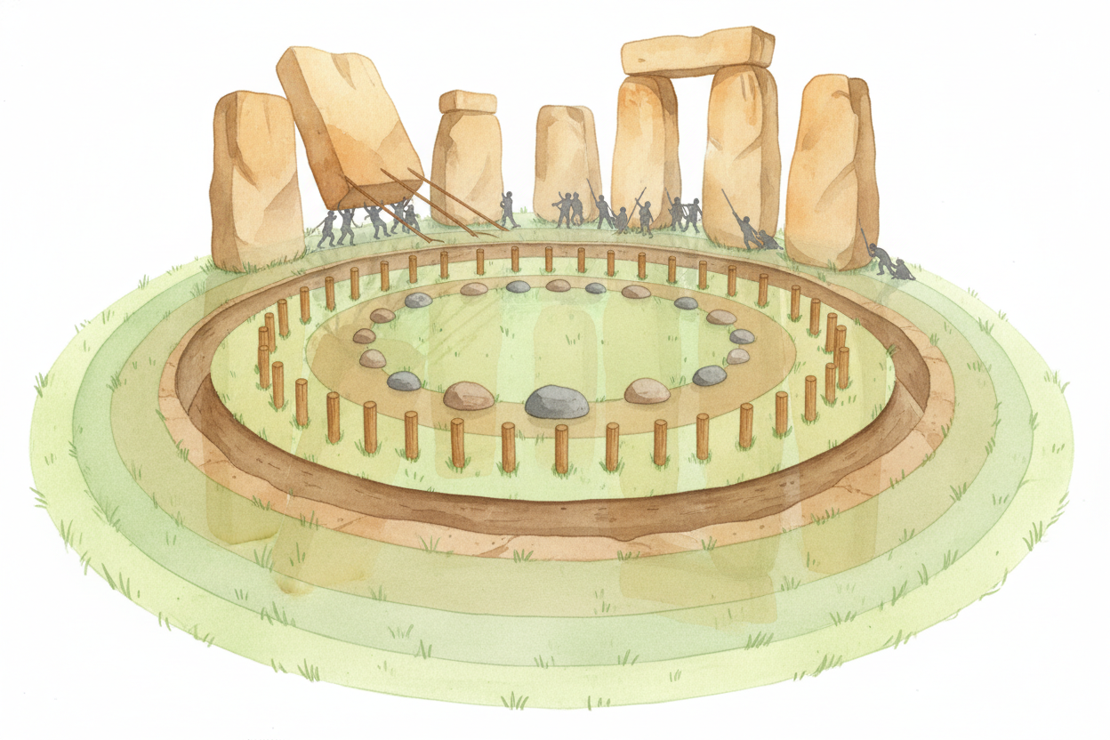 It wasn't built all at once. The first version was just a circular ditch and bank, dug around **3000 BCE**. Then wooden 