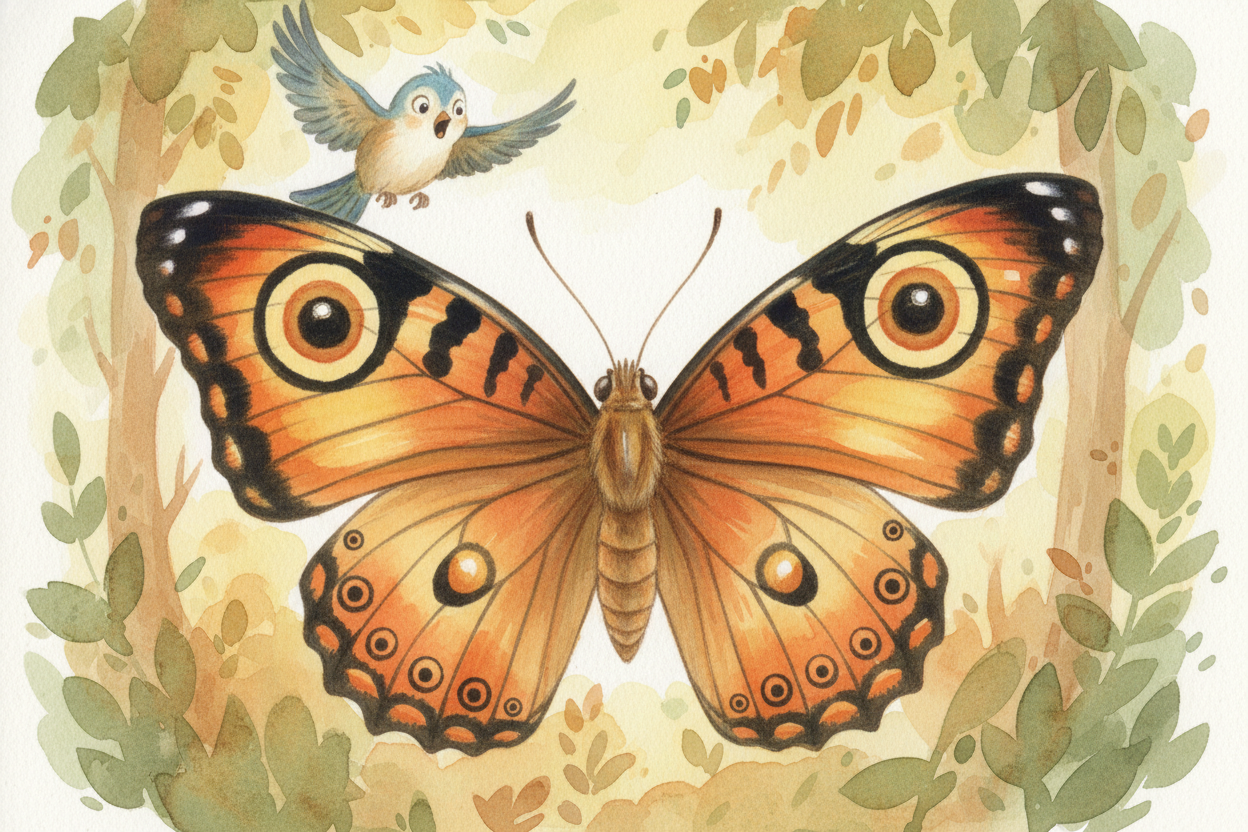 ~~There's a sneakier reason too.~~ Those big matching wing patterns can fool a hungry bird. Two **giant eye-spots**, one