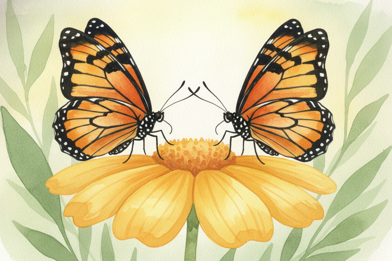 Matching halves help find friends, too. Butterflies *recognize their own kind* partly by those clean, mirrored color pat