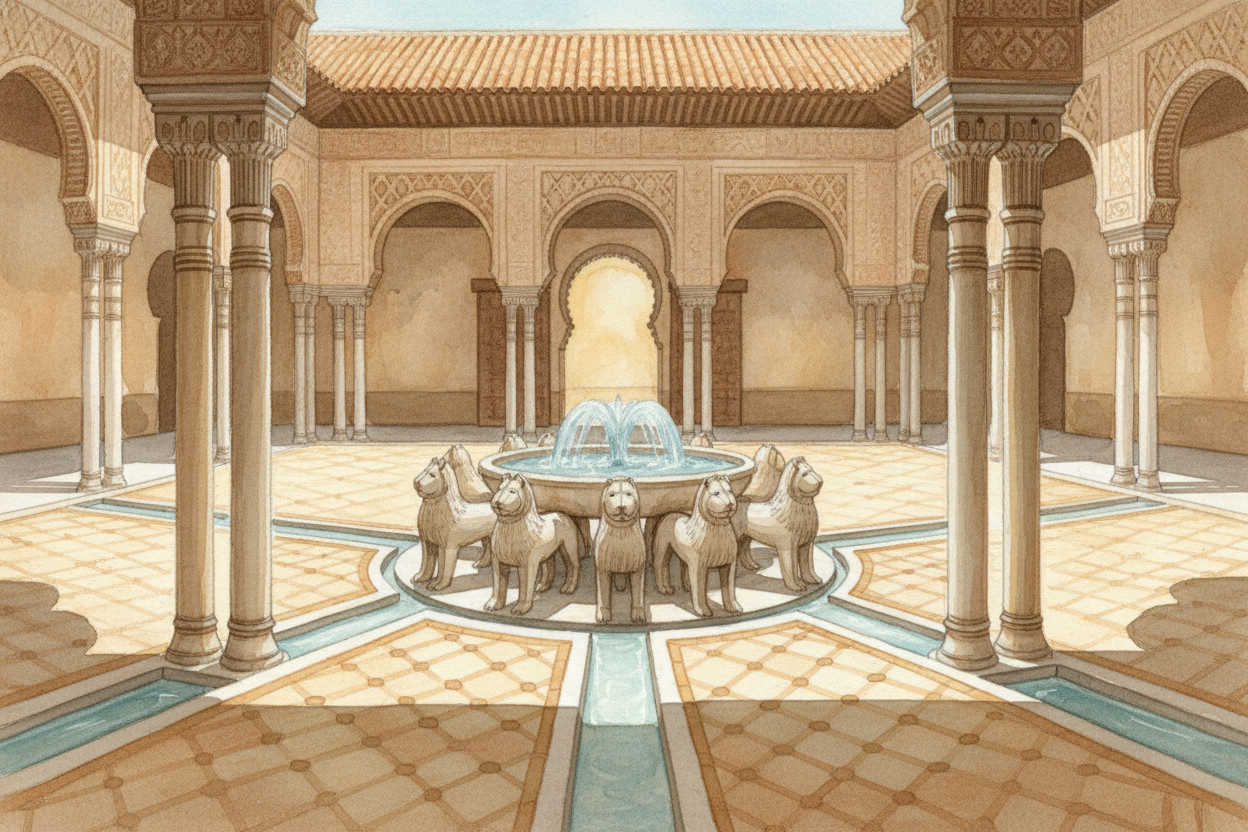Walk into the ++Court of the Lions++ and you'll find yourself in a forest of **124 marble columns**, so slender they loo