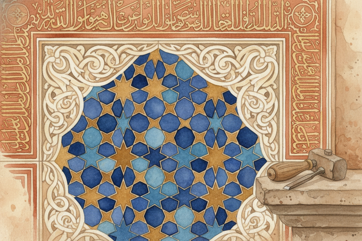 Every surface is covered in patterns — stars, vines, flowers, ++Arabic letters++ woven into geometric puzzles. Not becau