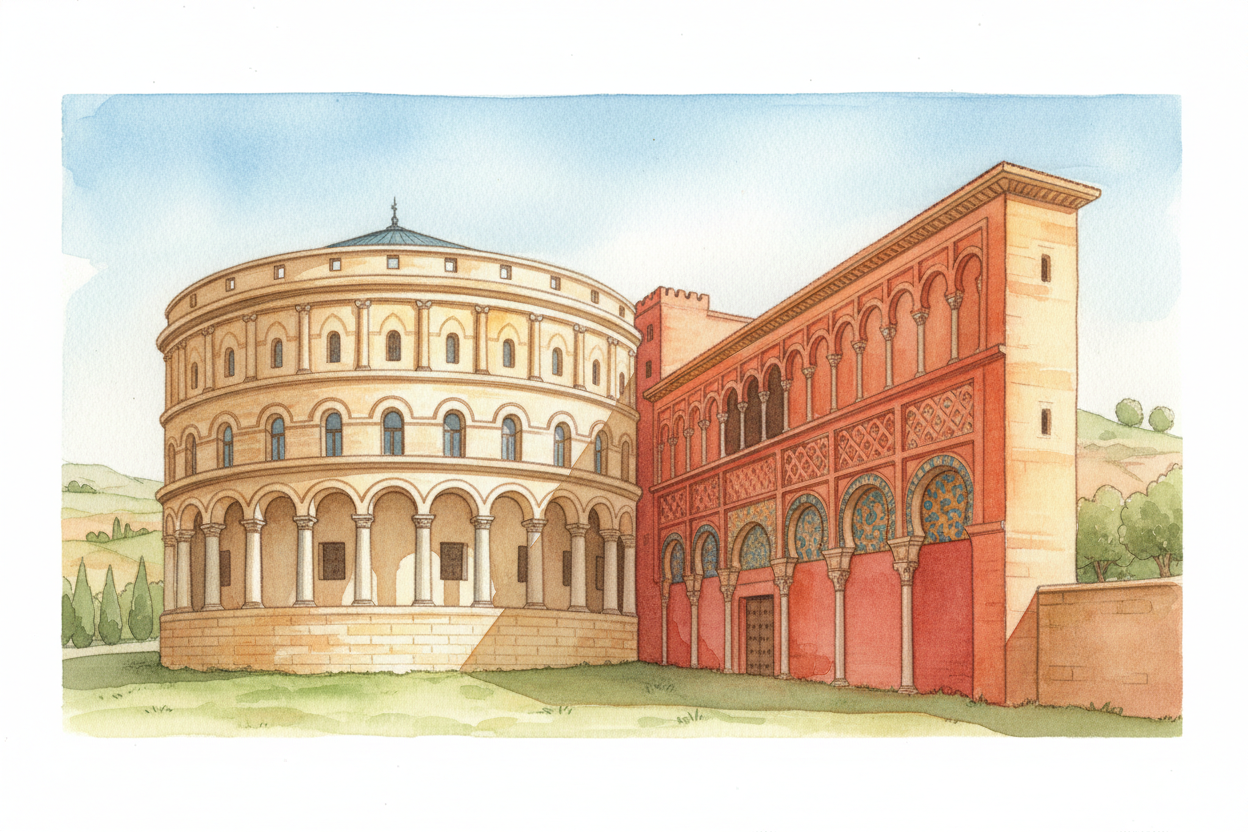 In 1492, the last Nasrid sultan surrendered the ++Alhambra++ to Spanish Catholic monarchs ++Ferdinand and Isabella++. Th