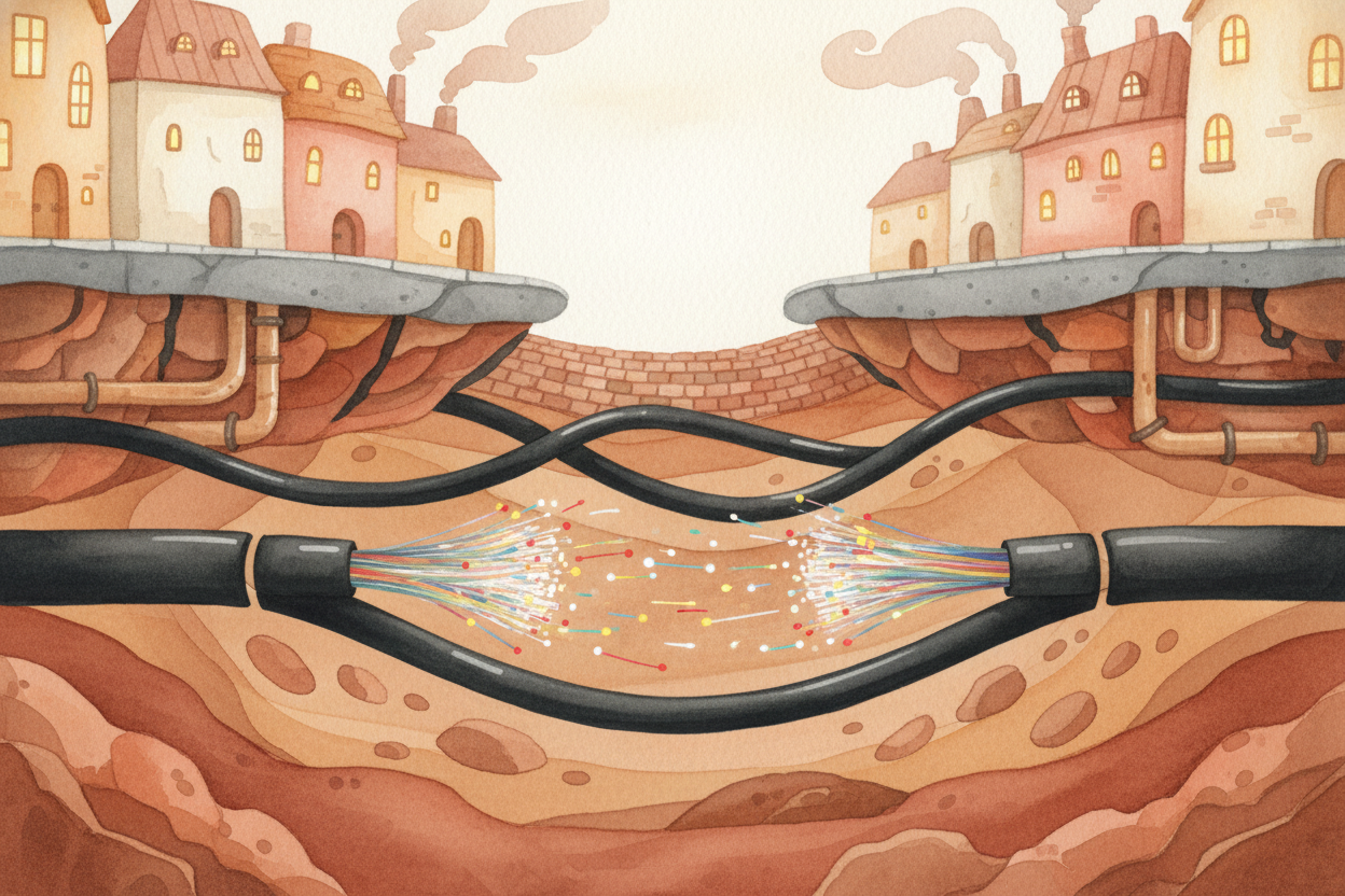 The cell tower catches your data and passes it along through underground cables — **thick bundles of glass fibers thinne