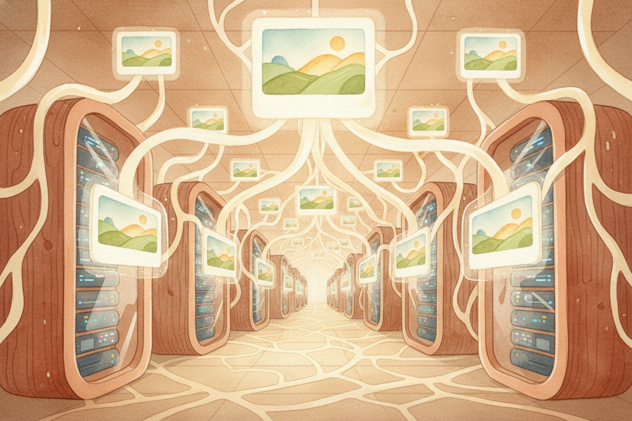 Your photo arrives at a data center — that warehouse of computers. ~~But it doesn't just land on one machine and stay th