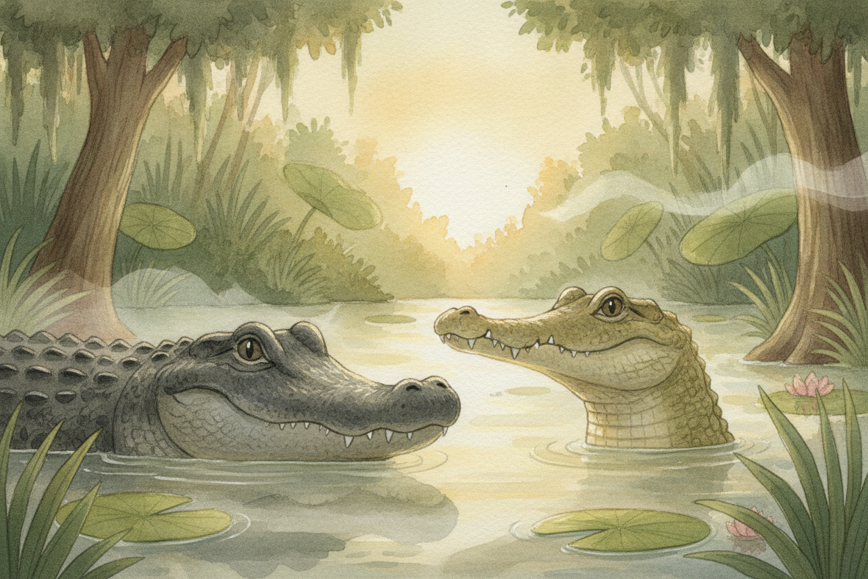 ~~They lurk in murky water~~, eyes just above the surface, **looking almost exactly alike**. Two big toothy reptiles tha
