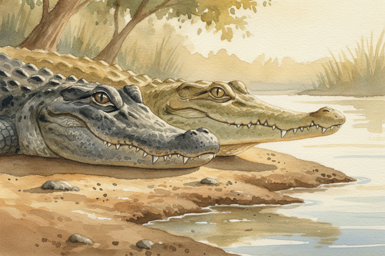 Start with the face. An alligator has a **wide, rounded snout** — broad and blunt, *shaped a bit like the letter U*. A c